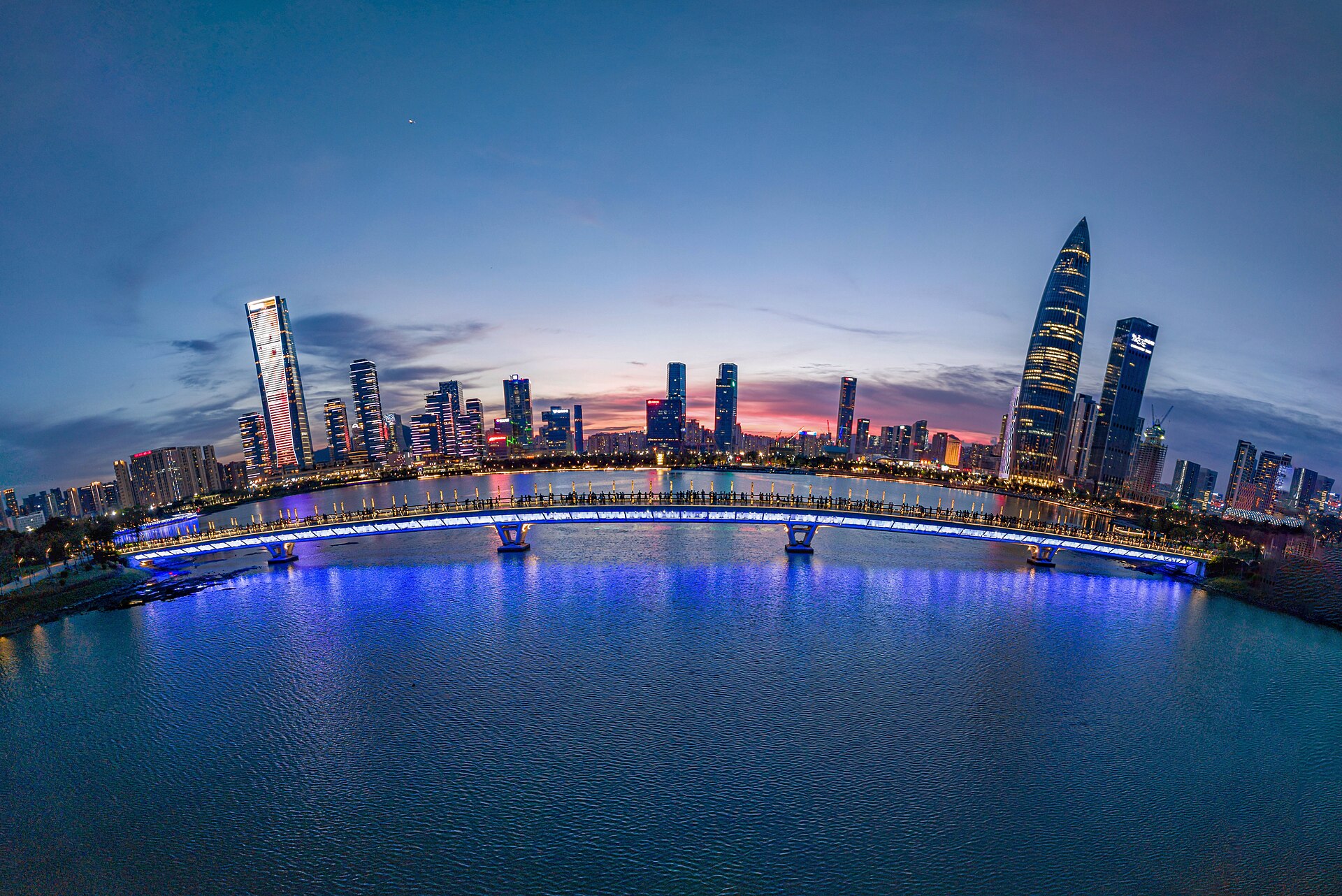 Night view of office towers along Shenzhen Bay